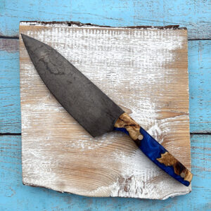 6" Utility Knife with hybrid burl wood and blue resin handle