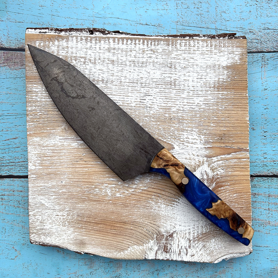 6" Utility Knife with hybrid burl wood and blue resin handle