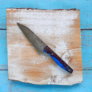 4" Paring knife with hybrid red and blue maple burl and blue resin